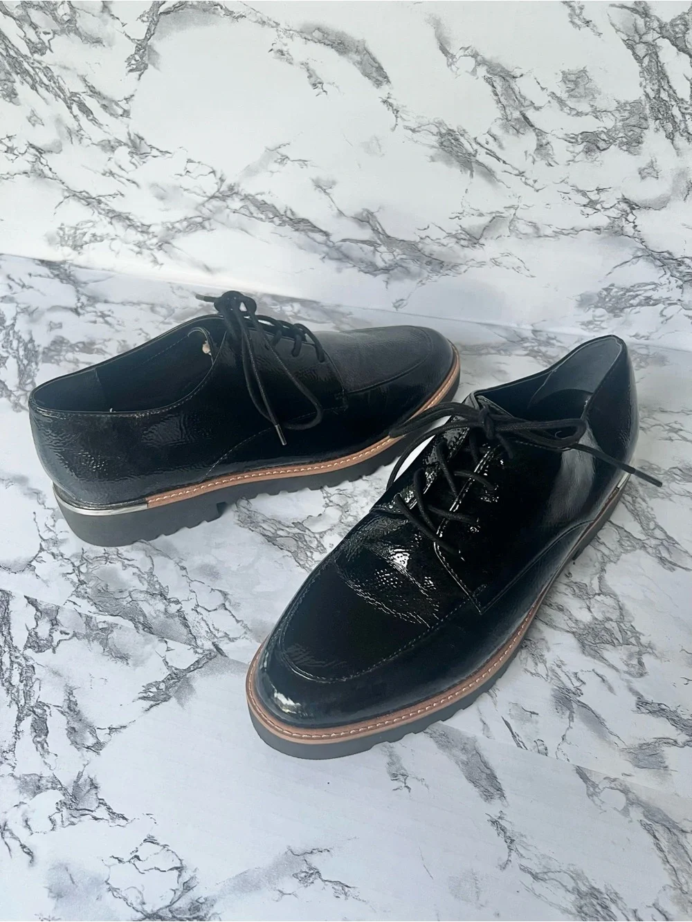 Franco Sarto Charles Black Patent Derby Lug Sole Shoe 11 Preppy Quiet Luxury